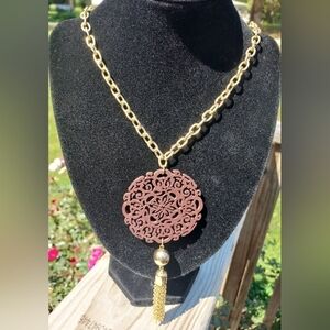 Gold Tone Brown Floral Pendant Chain Tassle Necklace 31.5"